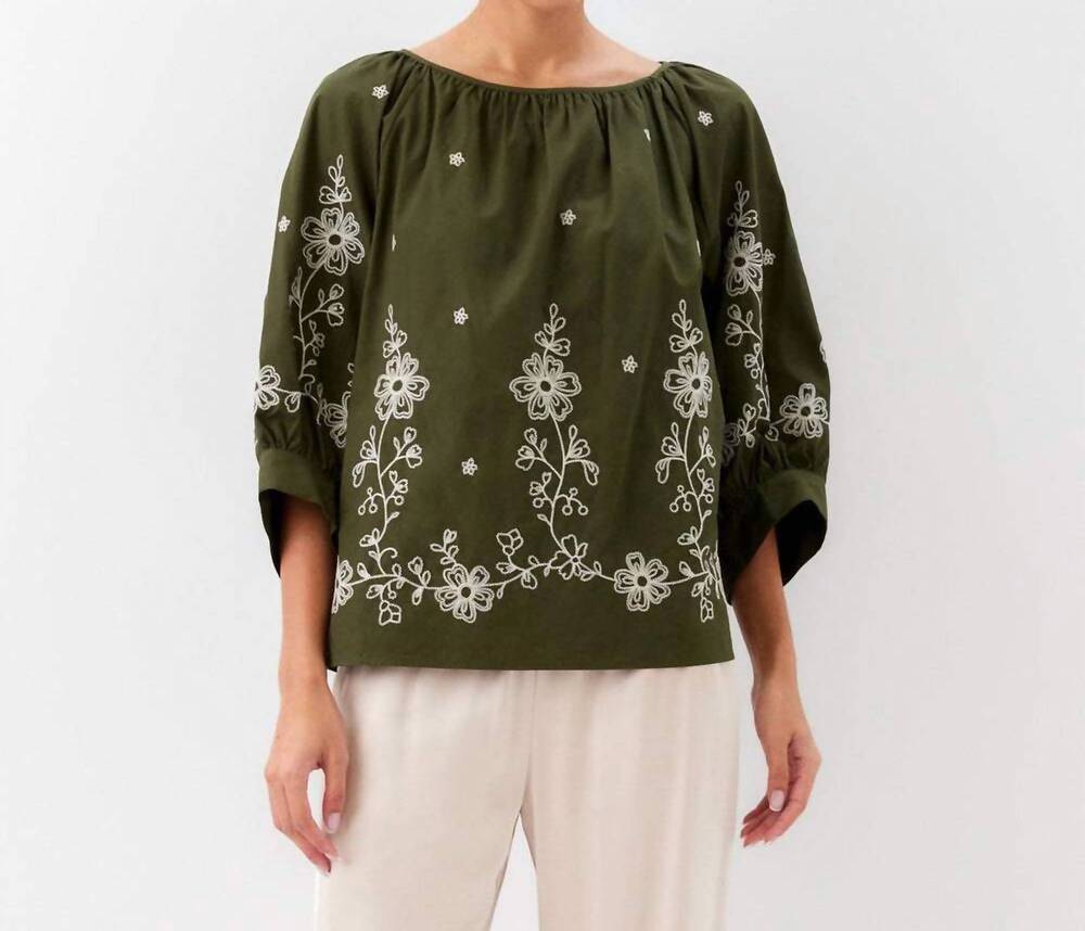 NEW KAREN KANE embroidered blouson sleeve top in olive